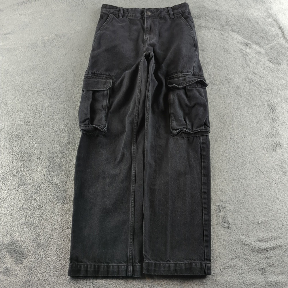 Zara Jeans Womens 30 (Fits 28) Black Faded High Rise Wide-Leg Cargo Denim Baggy
